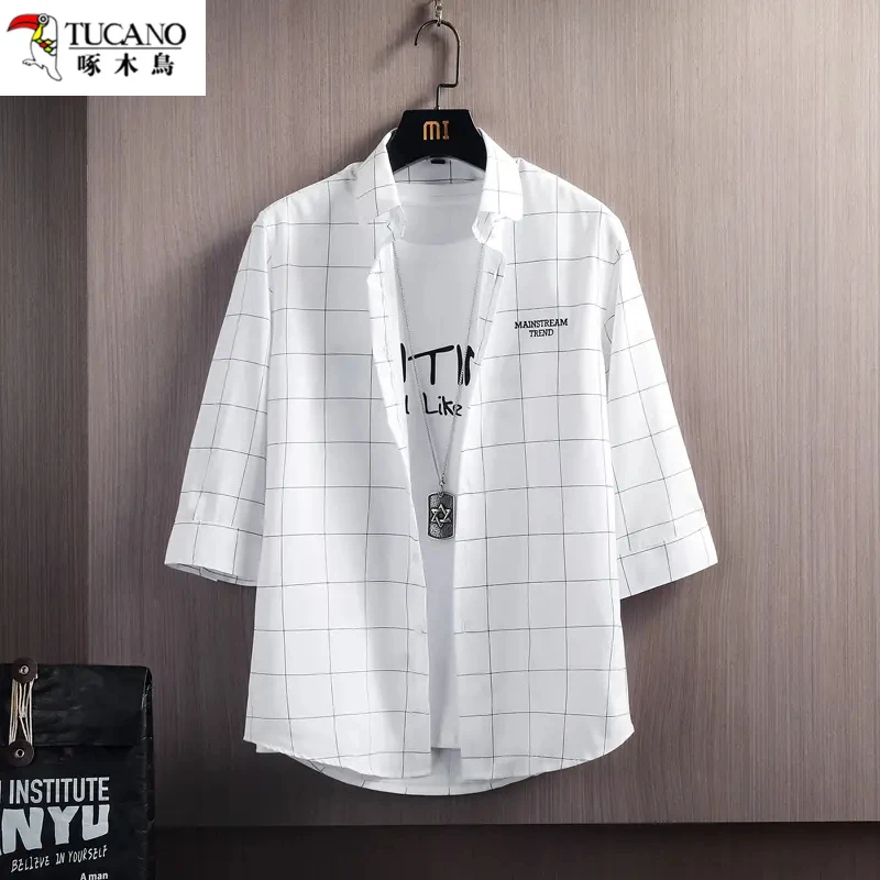 啄木鸟七分袖格子衬衫男士夏季2024新款潮牌休闲上衣薄款短袖衬衣