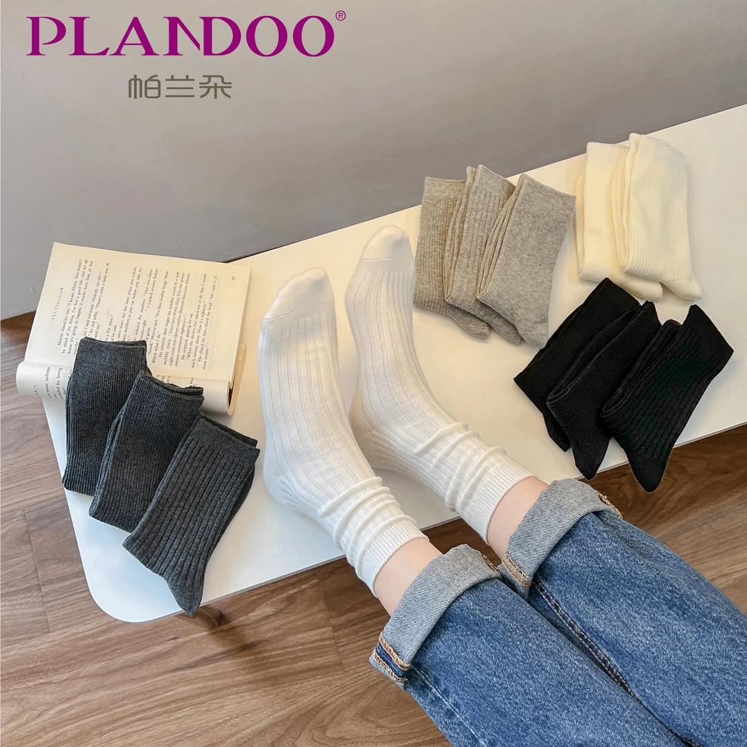 【精梳棉小白袜】袜子女秋冬纯棉中筒袜简约长款堆堆袜黑色袜双针