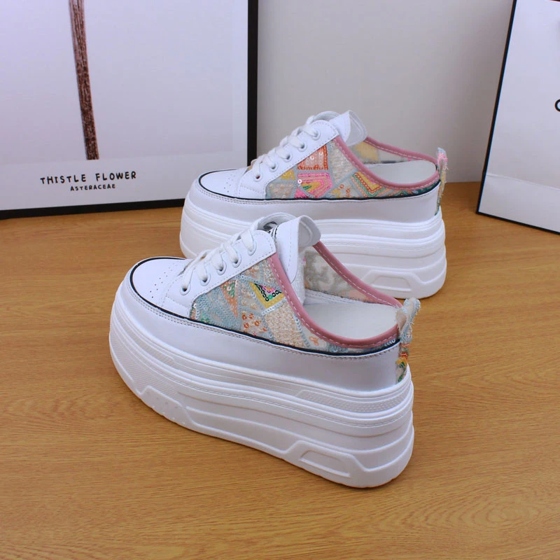 内增高包头半拖鞋女鞋2024夏季网纱透气懒人凉拖鞋松糕厚底小白鞋