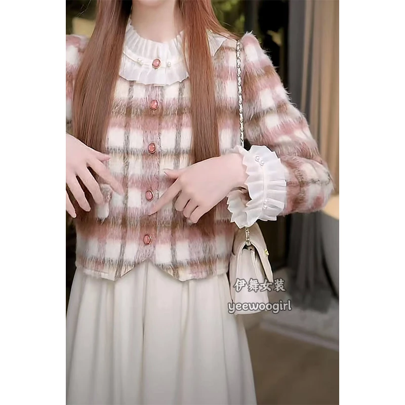 【伊舞】小香风复古毛呢格纹衬衫外套女2025新款短款设计感上衣