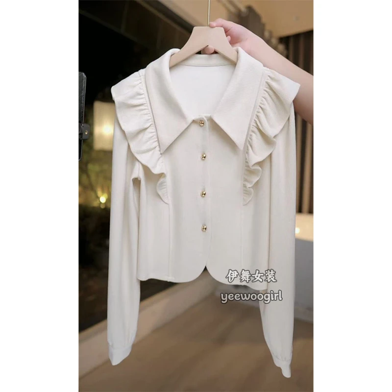 【伊舞】2025春季新款法式荷叶边衬衫长袖设计感小众宽松衬衣女