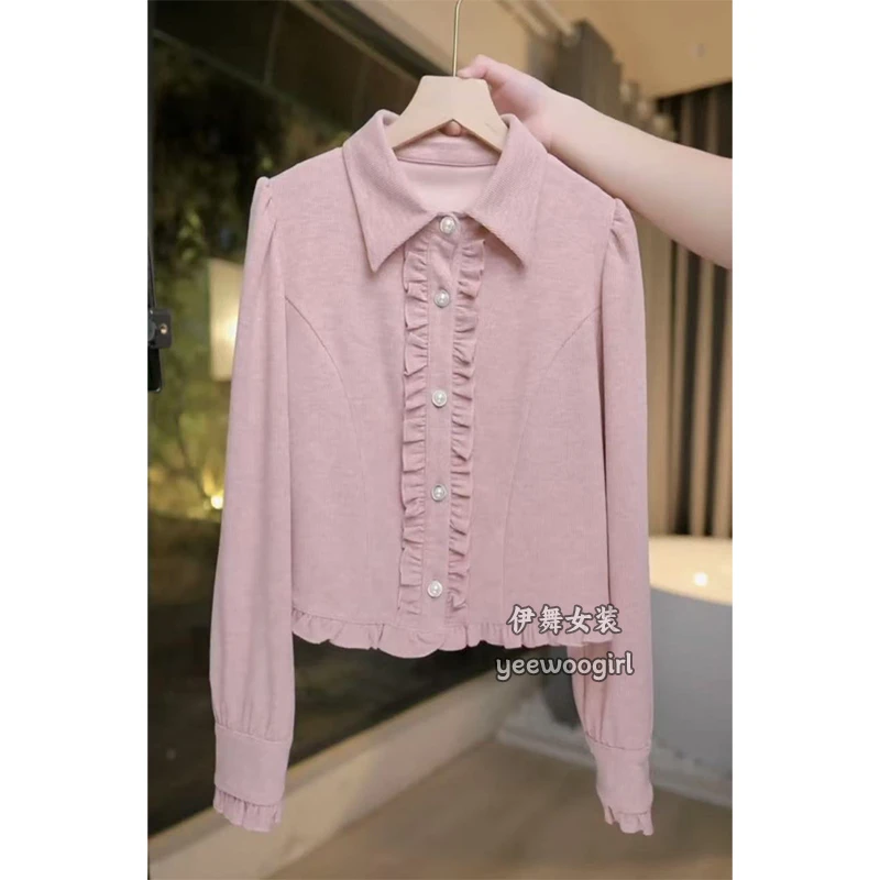 【伊舞】小香风短款气质衫2025春季新款木耳边洋气小衫长袖女衬衫