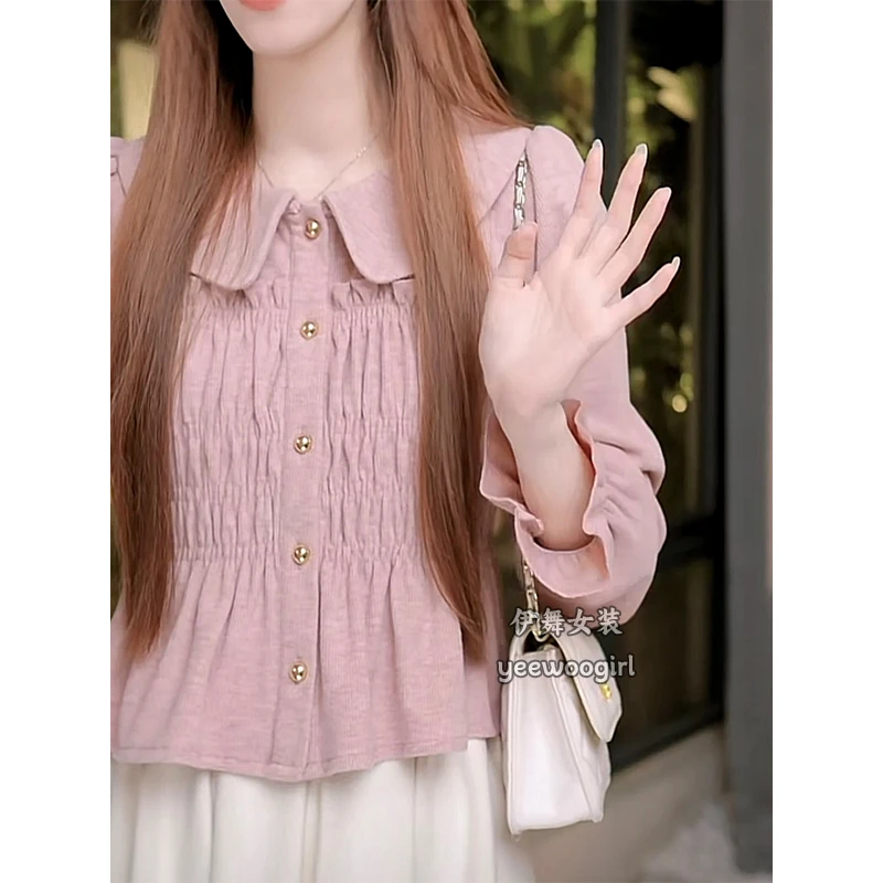 【伊舞】法式木耳边拼接喇叭袖衬衫女春季2025新款褶皱设计感上衣