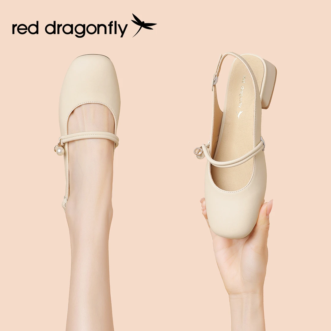 红蜻蜓时尚百搭夏季法式风粗跟温柔休闲一字带凉席圆头软底鞋子