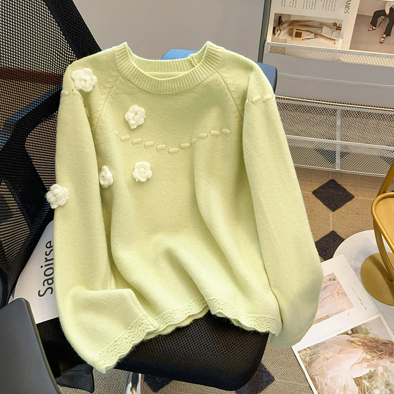 秋季新款高颜值立体花朵套头毛衣女慵懒风长袖针织衫圆领套头上衣