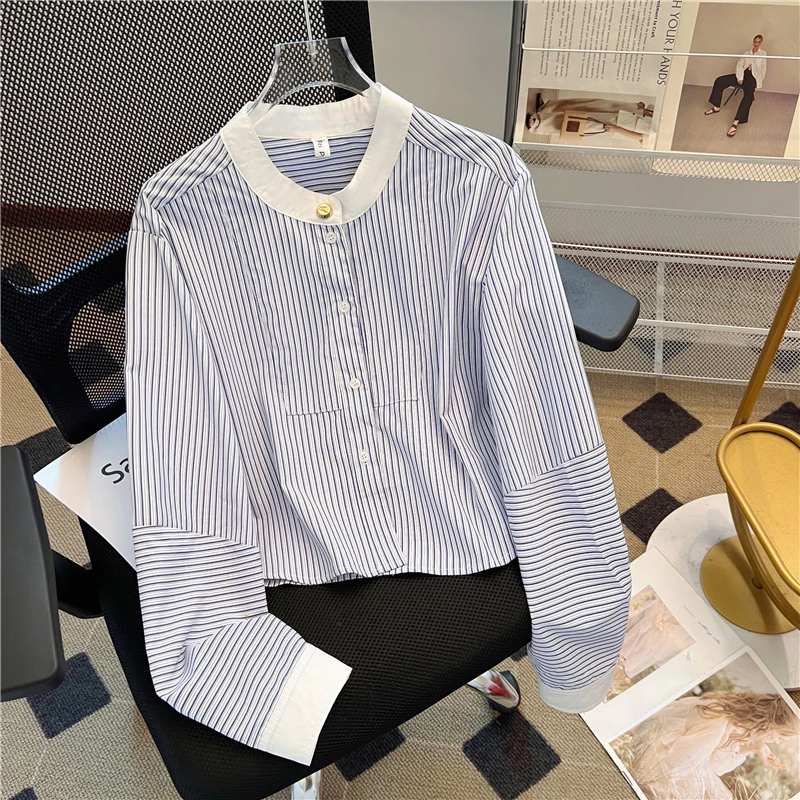 秋季圆领撞色条纹短款长袖衬衫女设计感小众百搭衬衣学院风短上衣