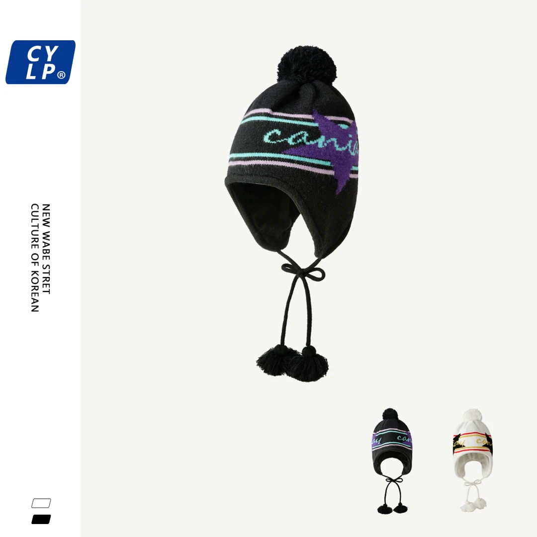 韩国新款潮牌字母提花毛线针织雷锋帽女秋冬季加厚加绒保暖护耳帽