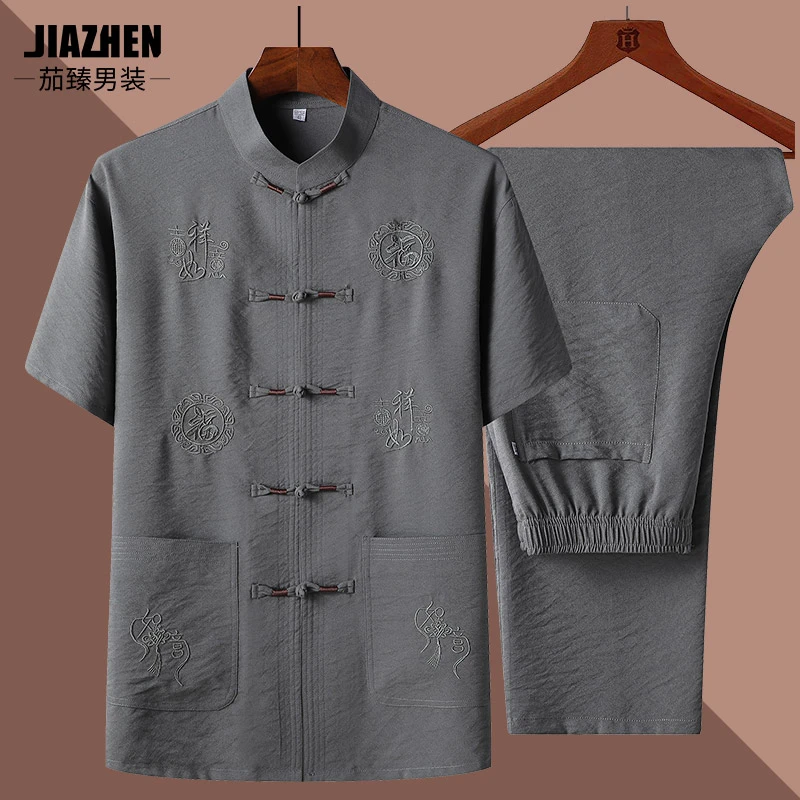 唐装男中老年爸爸夏装套装爷爷夏季俩件中国风短袖老年人衣服70岁