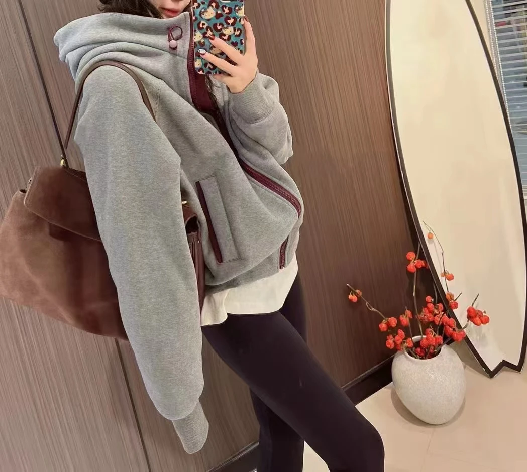 2265 灰米红边连帽拉链加绒外套