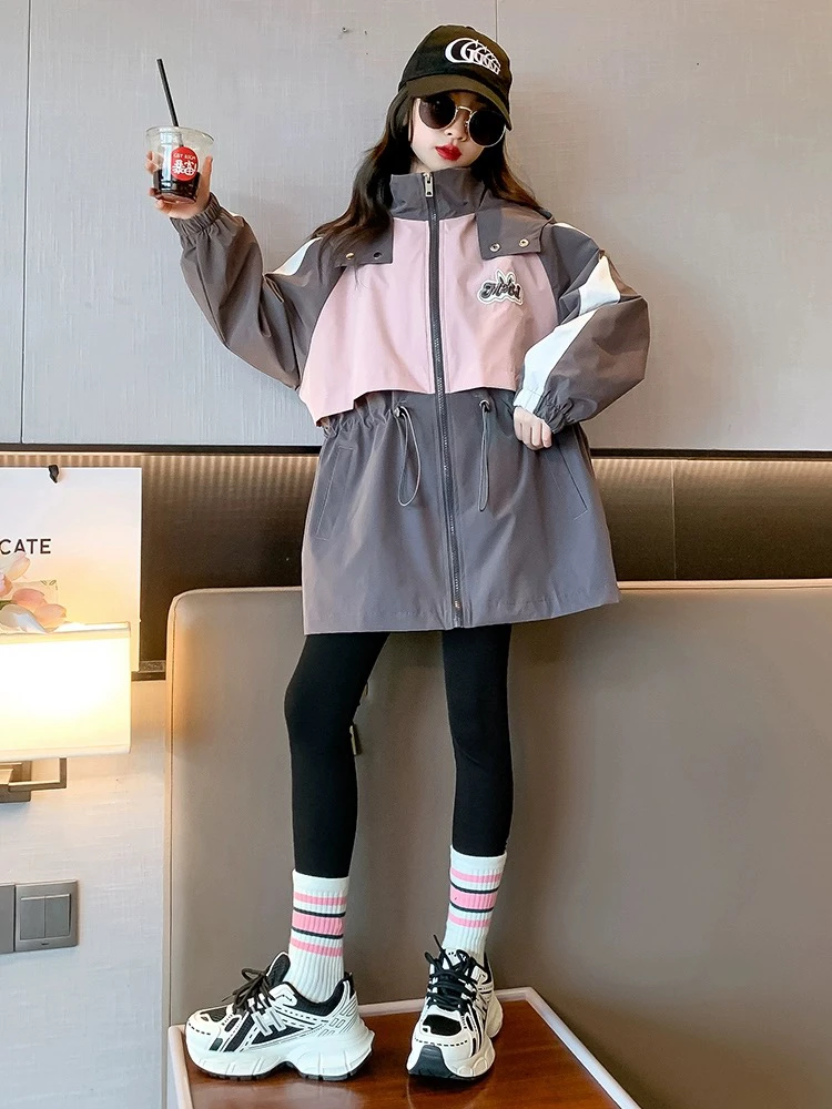 女童风衣外套春秋款儿童装春季收腰休闲上衣大童初中生洋气冲锋衣