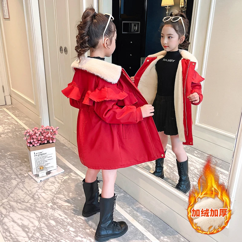 女童加绒加厚保暖外套派克服2023新款儿童冬季洋气中大童棉服冬款
