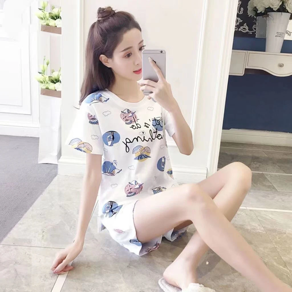 睡衣女夏天薄款短袖短裤套装小个子睡衣纯棉大码宽松可外穿家居服