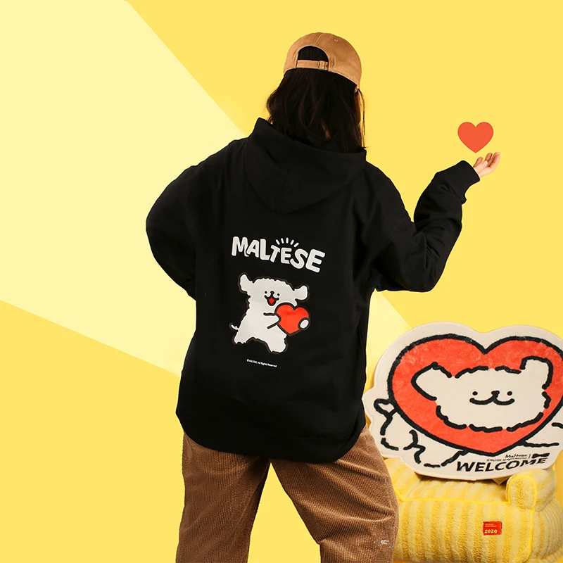 【年货节】线条小狗Maltese连帽卫衣秋冬季男女情侣卡通潮流宽松