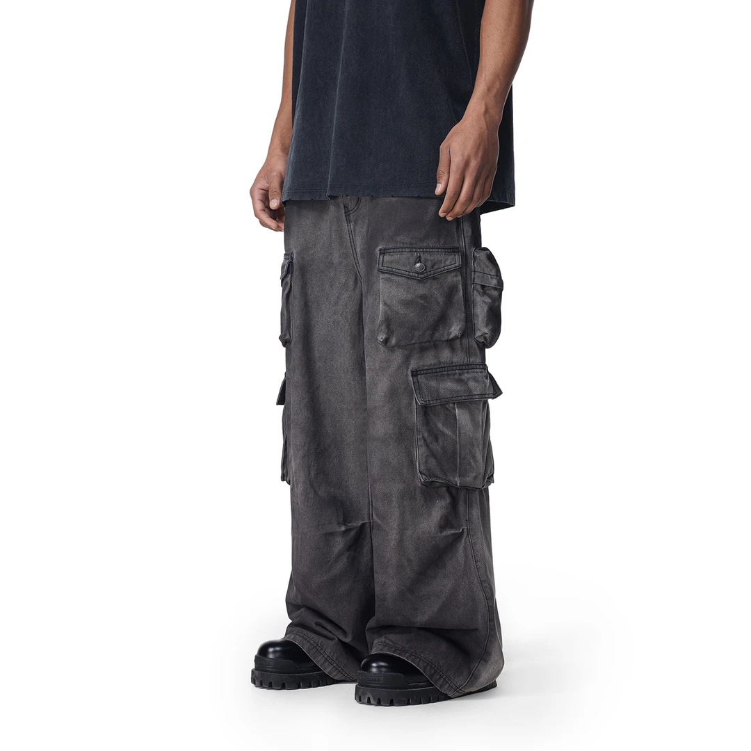 FDR官方店 喷色做旧多袋牛仔裤男女夏季美式小众运动宽松直筒长裤