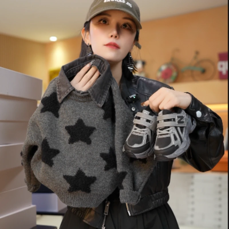儿童毛衣秋冬2024新款男童时尚洋气星星翻领中小童长袖