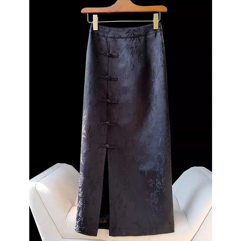 黑色中式国风盘扣包臀裙子2024春夏新款高腰开叉半身裙中长款裙子