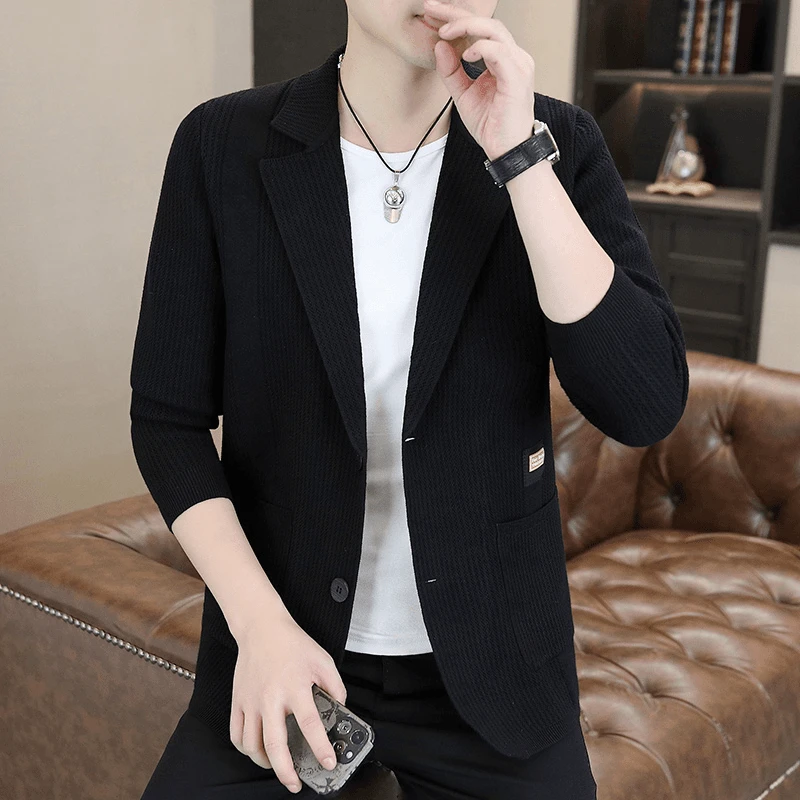 男士针织开衫2024秋季新款外套潮流时尚毛衣宽松休闲西装领上衣服