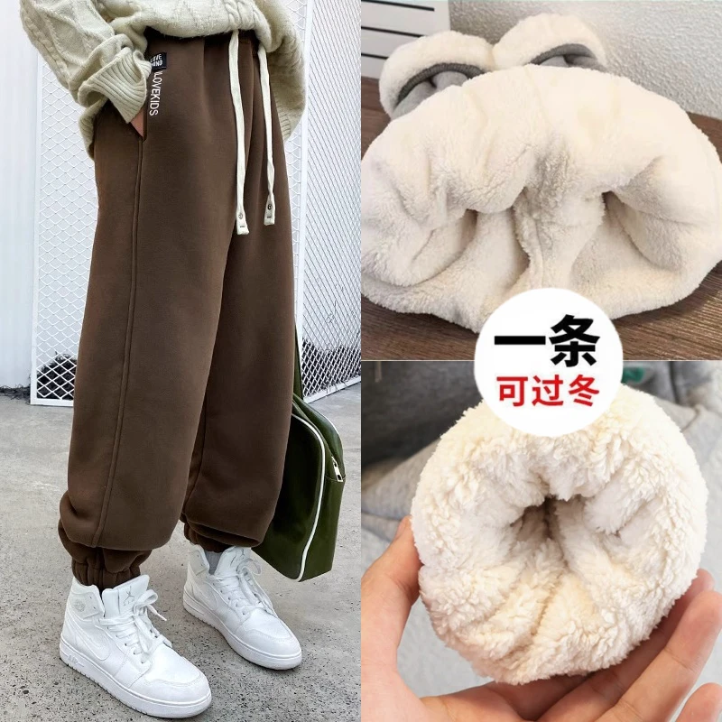 女童冬季加绒加厚裤子2023新款中大童一体绒运动裤外穿羊羔绒卫裤