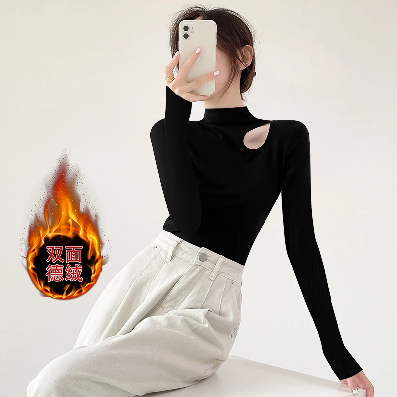 拉夏贝尔女装打底衫黑色半高领螺纹加厚2024年春秋冬长袖T恤上衣