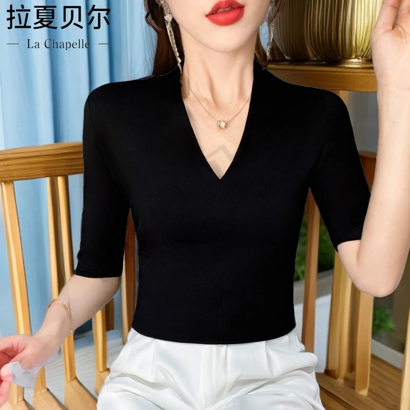 拉夏贝尔半袖时尚T恤气质洋气夏季黑色修身v领百搭紧身中袖针织