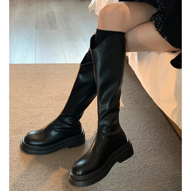 贾不假v口长筒靴靴子女2023新款骑士靴女小个子高筒靴秋冬黑色