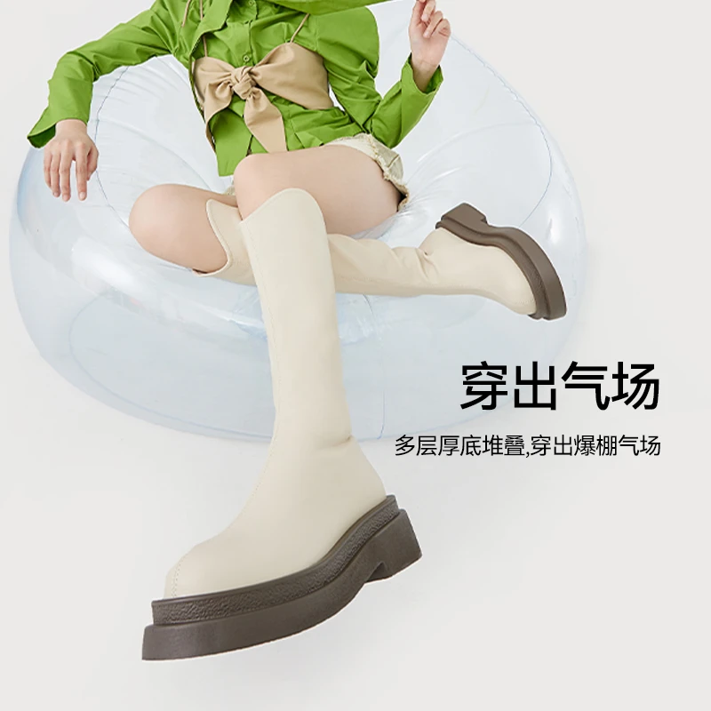 贾不假v口长筒靴靴子女2023新款骑士靴女小个子高筒靴秋冬黑色