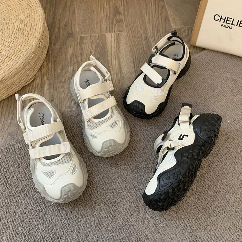 贾不假丑萌休闲鞋女2024夏季透气术贴防滑网面玛丽珍运动凉鞋