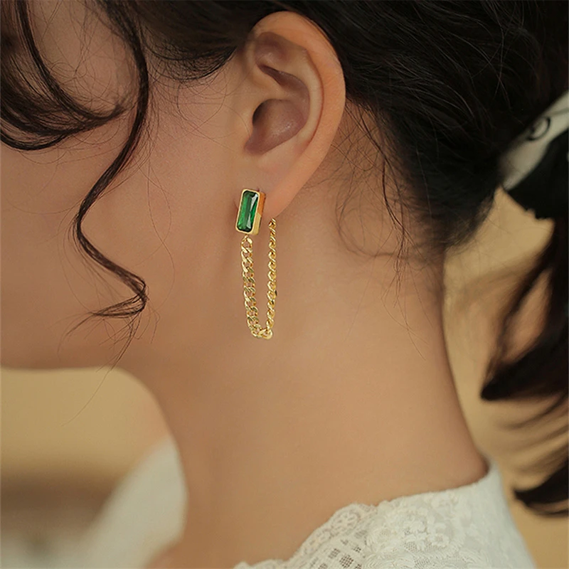 钛钢耳饰 不掉色耳环女狂飙大嫂陈舒婷同款复古港风高级链条绿色