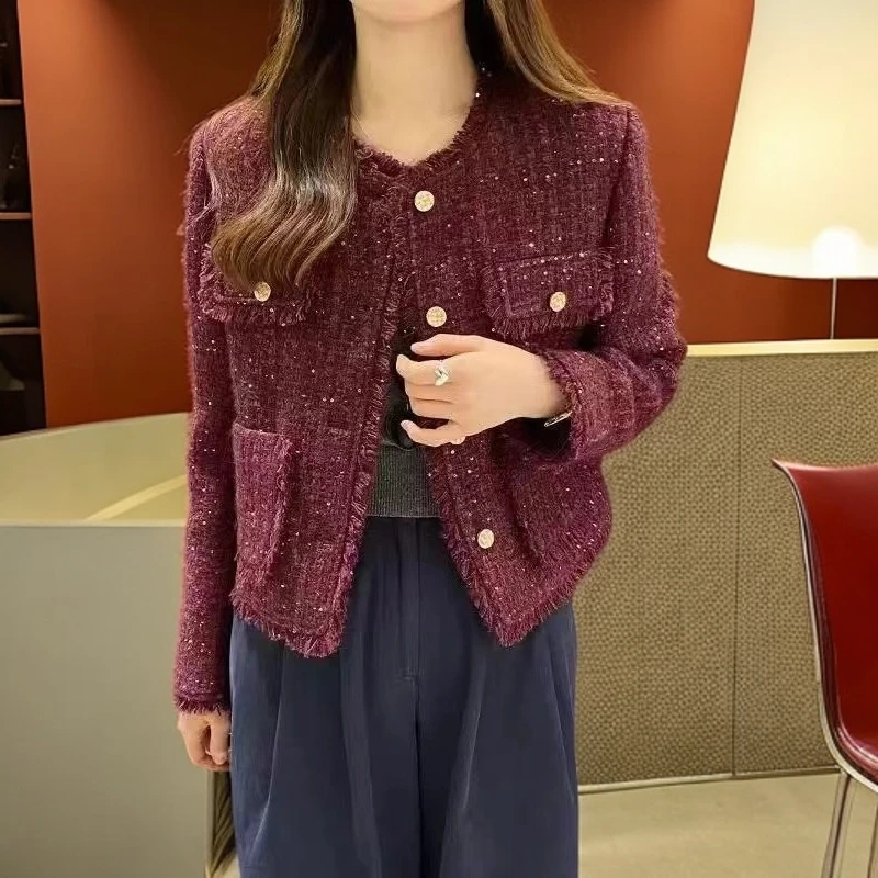 高级感酒红色亮片小香风外套女秋冬流苏边粗花呢编织毛呢西装上衣