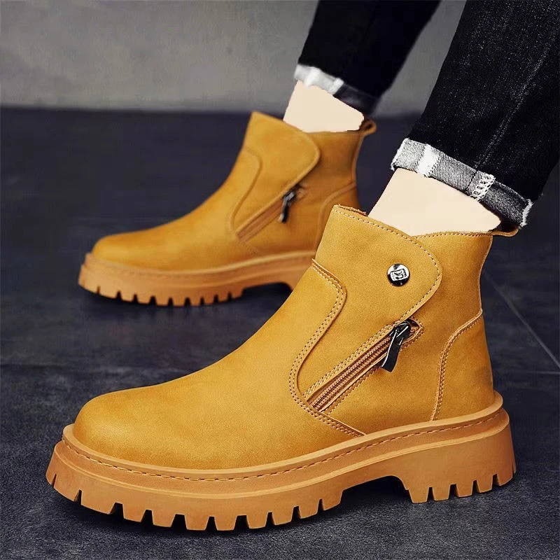 户外沙漠切尔西靴冬季加绒短筒大黄靴大头马丁靴男增高烟筒靴厚底