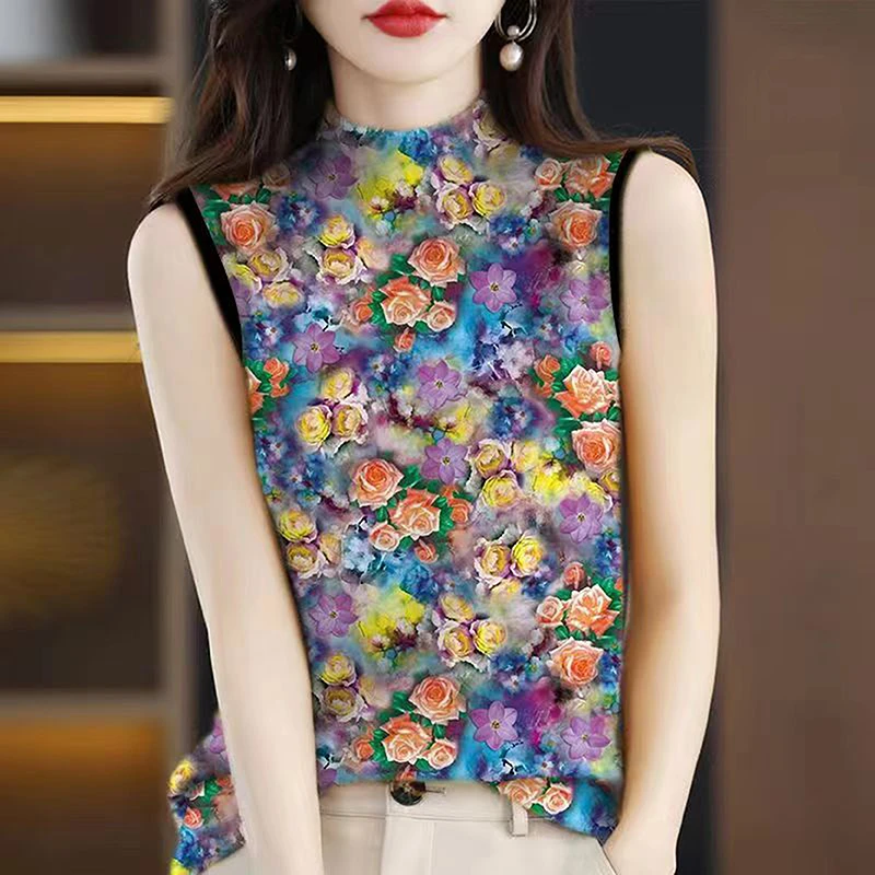 半高领女士背心冰丝打底衫时尚夏季新款洋气修身印花吊带无袖上衣