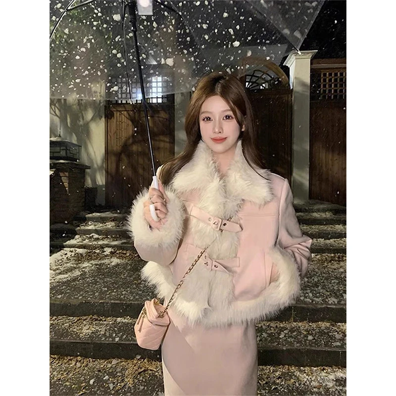 七颗虾滑【桃桃芝士】绒小富家千金蜜桃粉外套半身裙套装冬季女