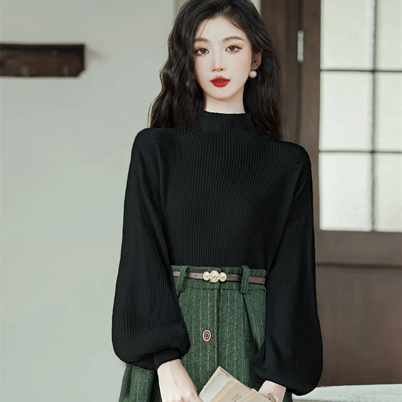 春秋配马面半身裙的复古毛衣女小众气质内搭灯笼袖上衣打底针织衫