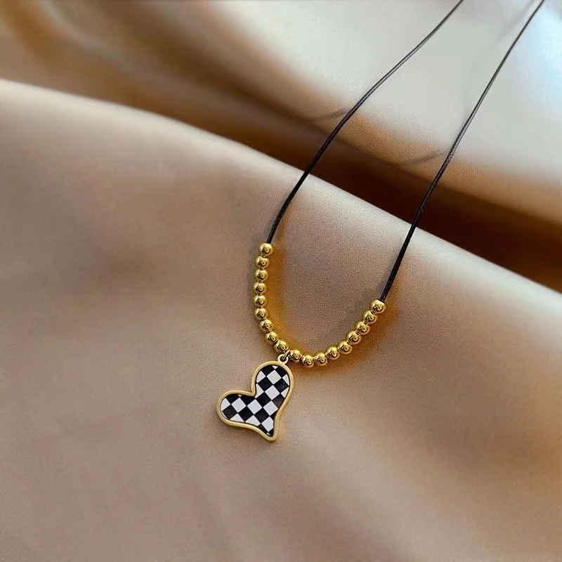 钛钢项链 A-60-黑色马赛克爱心设计感百搭坠链