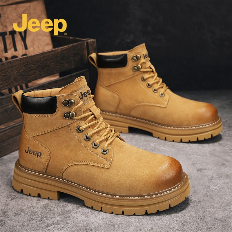 jeep吉普真皮马丁靴男款高帮秋冬男靴英伦风大黄靴男士中帮工装靴