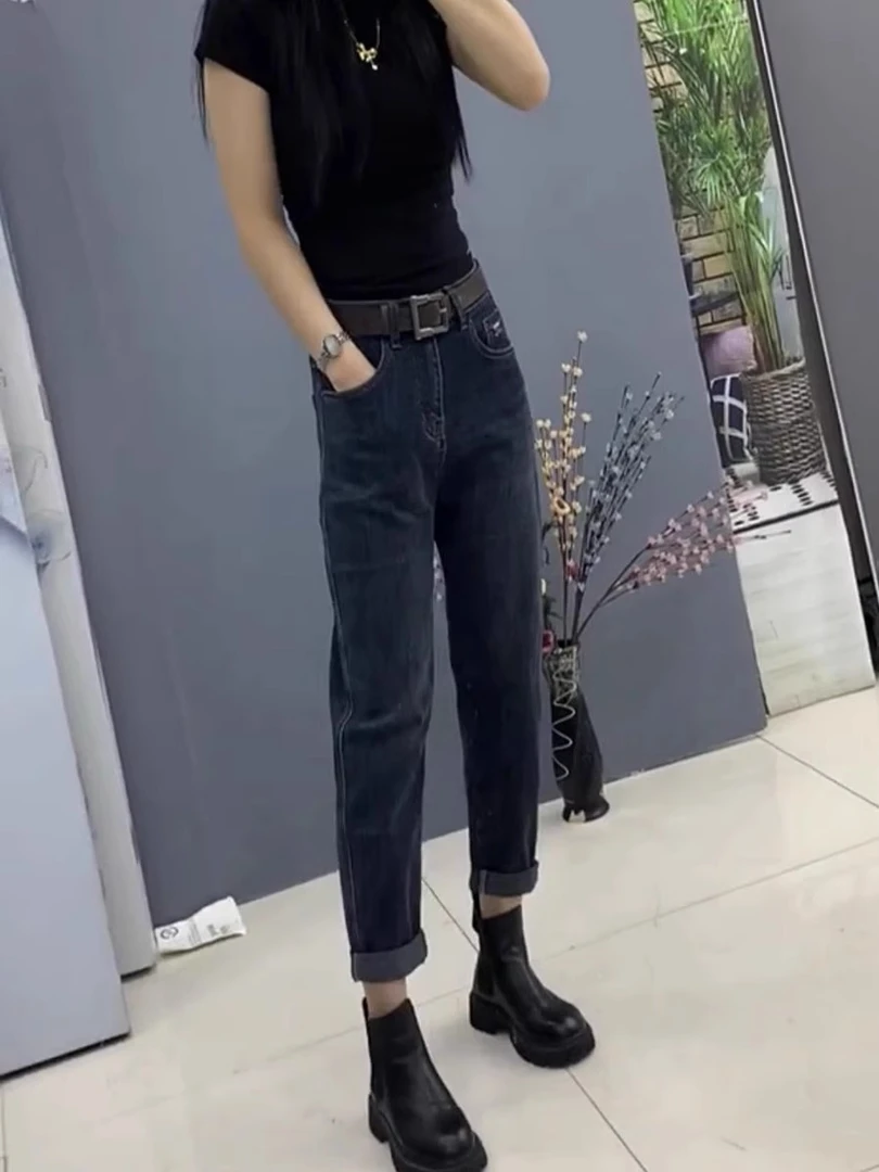 高腰弹力哈伦牛仔裤女秋冬新款大码梨形身材显瘦直筒九分老爹裤子