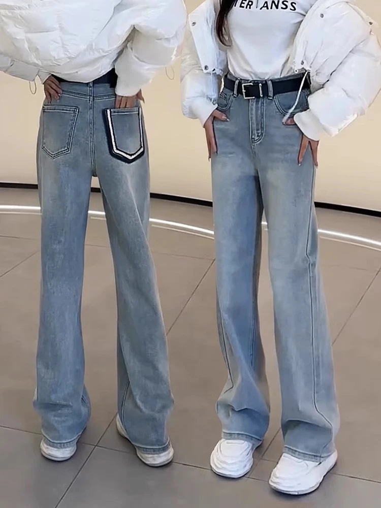 2025秋季新款大码女装弹力直筒牛仔裤子梨型身材显瘦窄版阔腿长裤