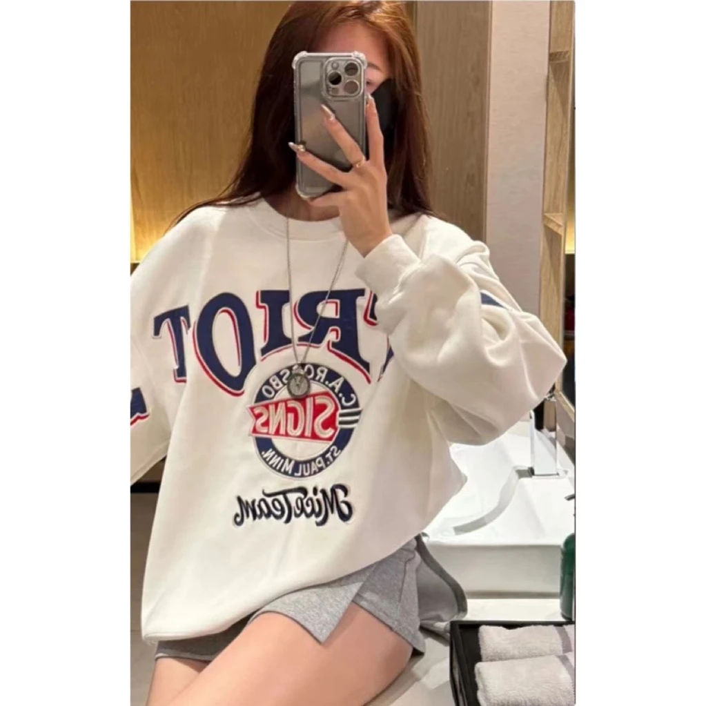 美式复古宽松慵懒风字母刺绣长袖圆领卫衣配百搭显瘦包臀裙裙裤