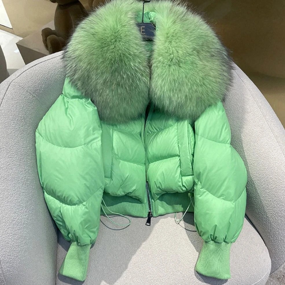 加厚超大毛领羽绒服女短款面包服欧美白鸭绒2023年冬季新款
