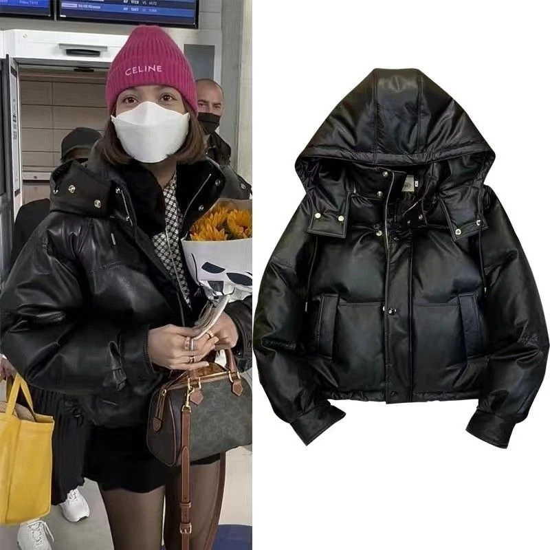 皮衣白鸭绒羽绒服女连帽加厚短款外套女2023冬季新款