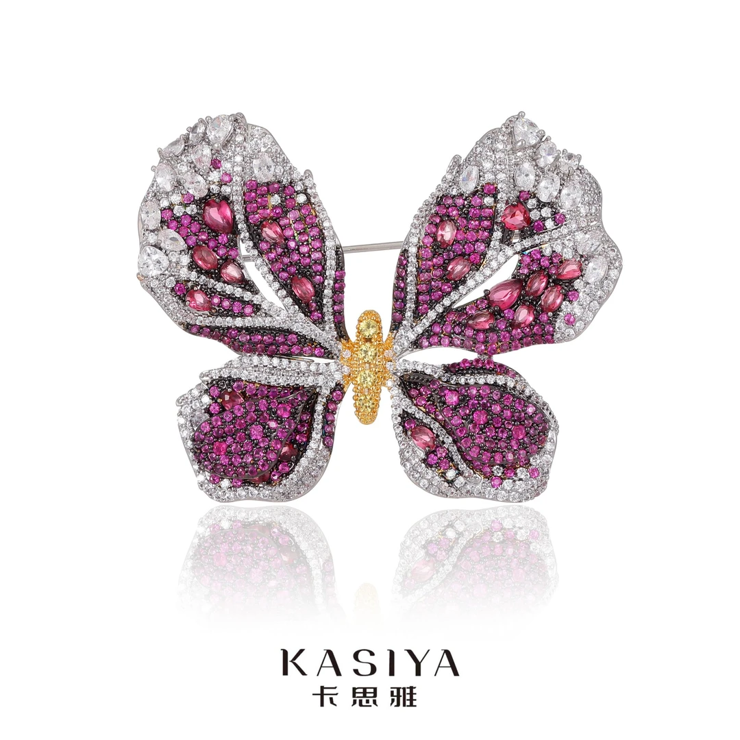 kasiya/卡思雅 铜合金合成锆石胸针 高档玫红色蝴蝶胸针气质优雅