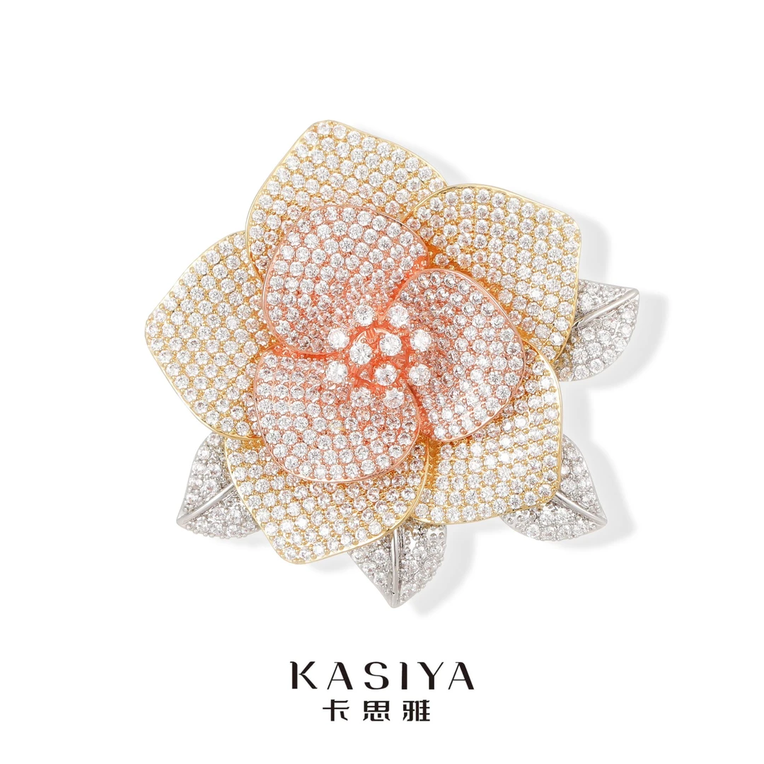 kasiya/卡思雅 铜合金合成锆石胸针 高档手工爪镶百搭山茶花胸针