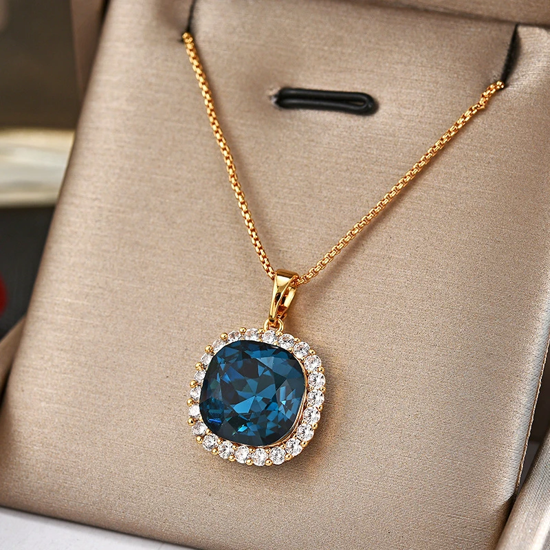 铜合金项链 气质蓝色百搭款方形项链