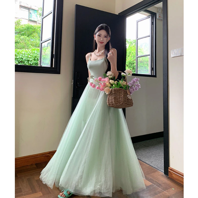 2024夏季新款绿野仙踪仙女裙绿色吊带连衣裙女双层网纱两件套长裙