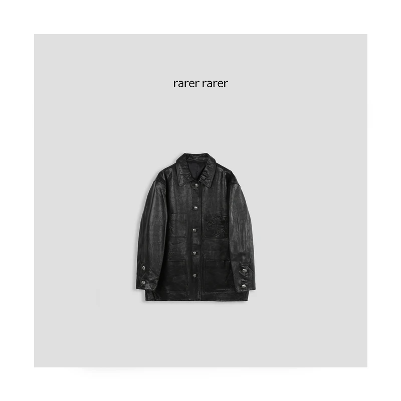 【rarer rarer】银扣子中长款皮衣外套2403061