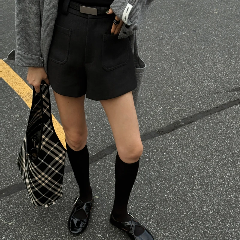 【rarer rarer】腰带灰短裤显瘦百搭黑色阔腿宽松设计感复古2402108