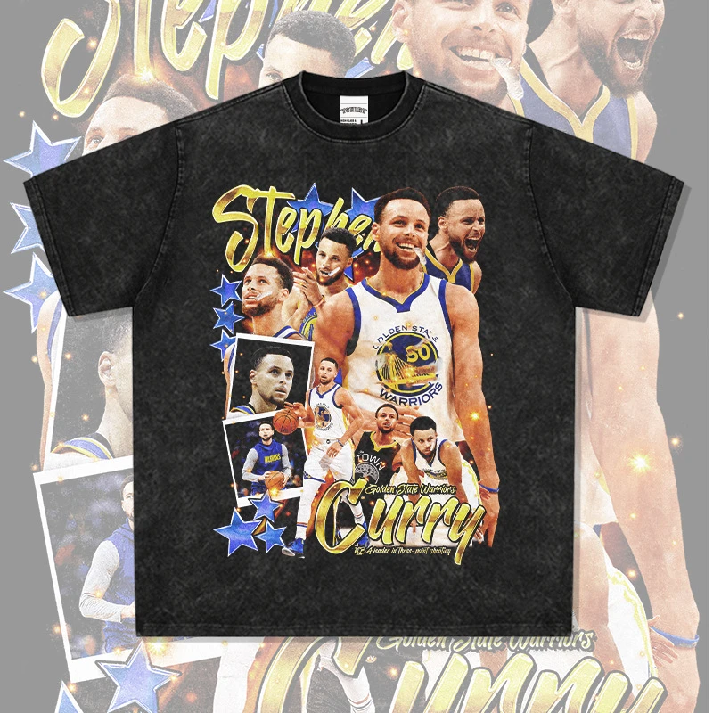 欧美街头库里curry印花短袖t恤Vintage水洗复古重磅纯棉小领口潮