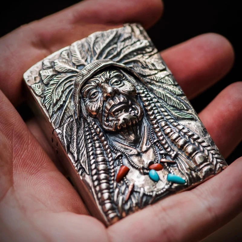 正品手工S925银火机雕刻煤油打火机印第安人个性创意霸气防风送礼