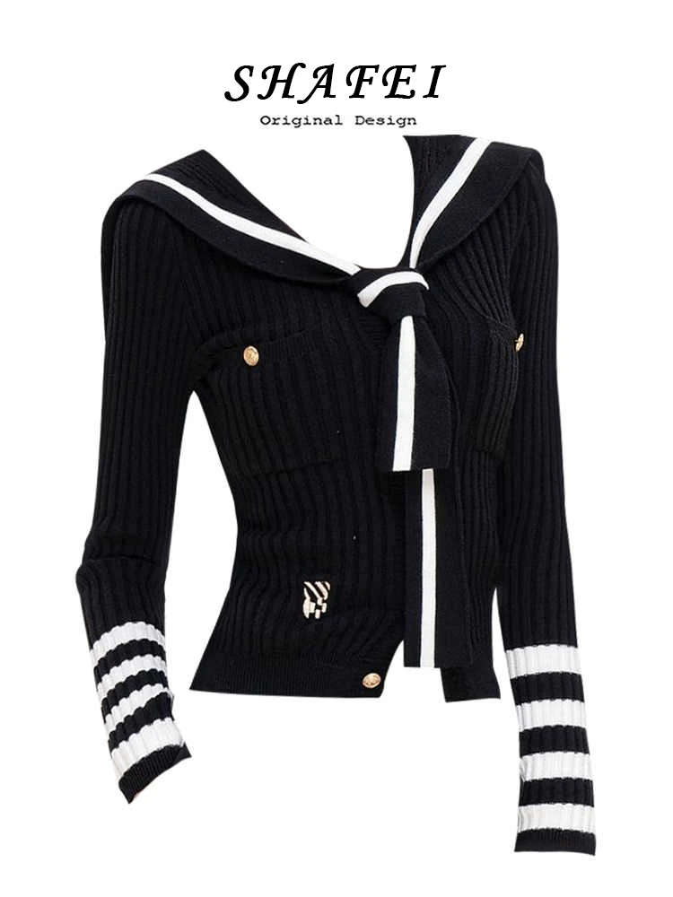 美式辣妹学院风条纹拼接短款针织衫女秋冬时尚海军领显瘦修身上衣