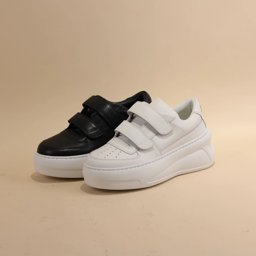 女鞋真皮厚底魔术贴休闲鞋增高舒适时尚百搭四季白色夏季透气 215